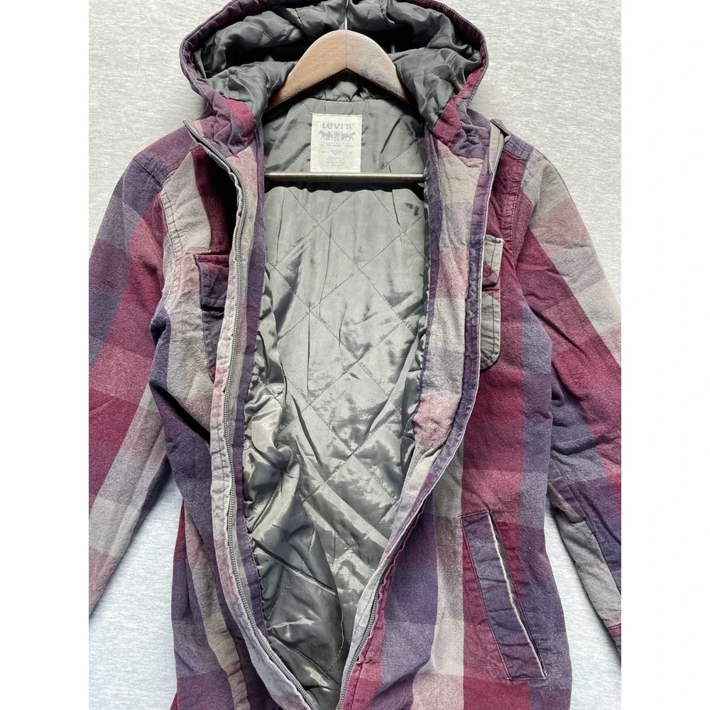 VTG‎ Levi's Flannel Jacket Youth Kids M 12/14 Multi Plaid Cotton Hooded Full Zip